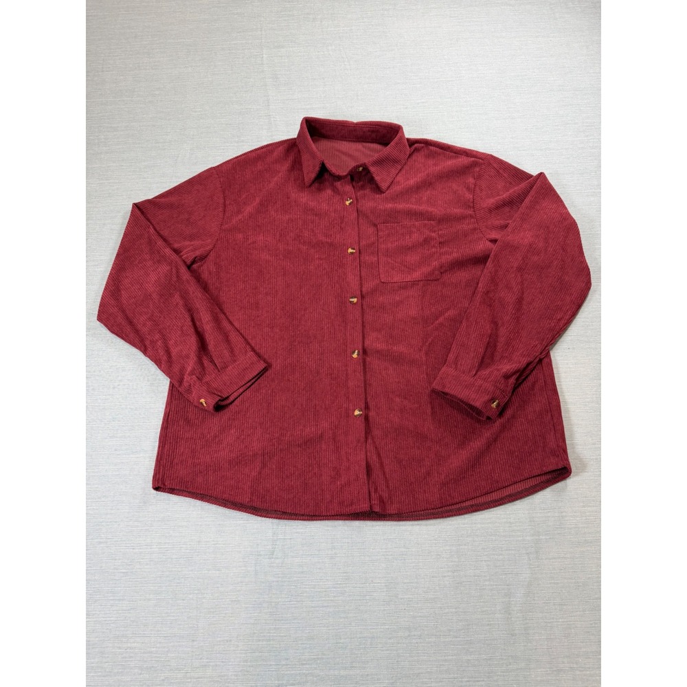 Burgundy Corduroy Button Down Shirt Long Sleeve Pocket Top Wine Red XL